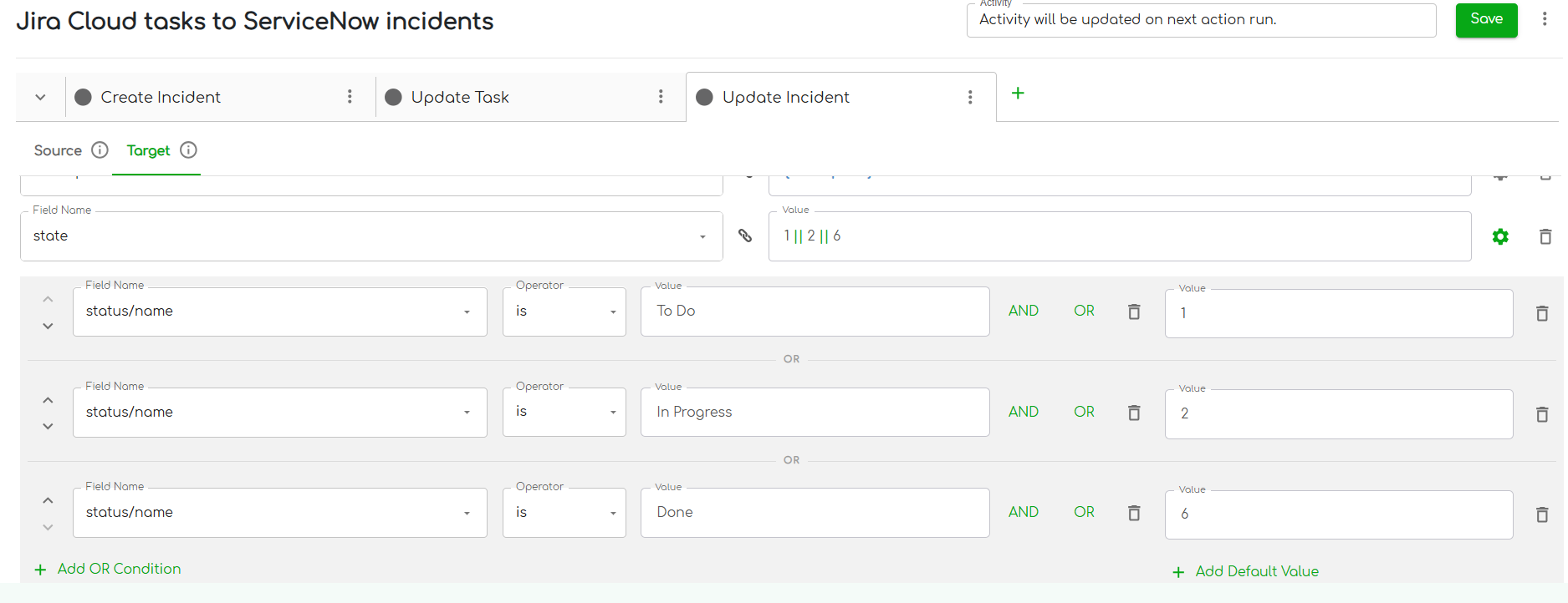 ZigiOps conditional field mapping enforcing a data contract for status translation.