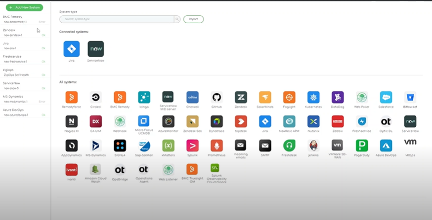 Connected systems section in ZigiOps