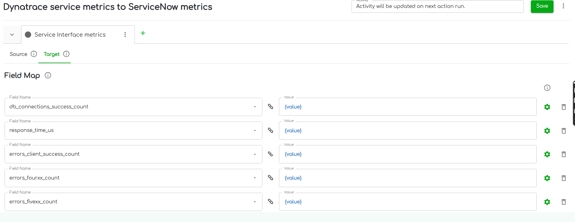ZigiOps field mapping UI showing Dynatrace severity level being conditionally mapped to ServiceNow urgency values
