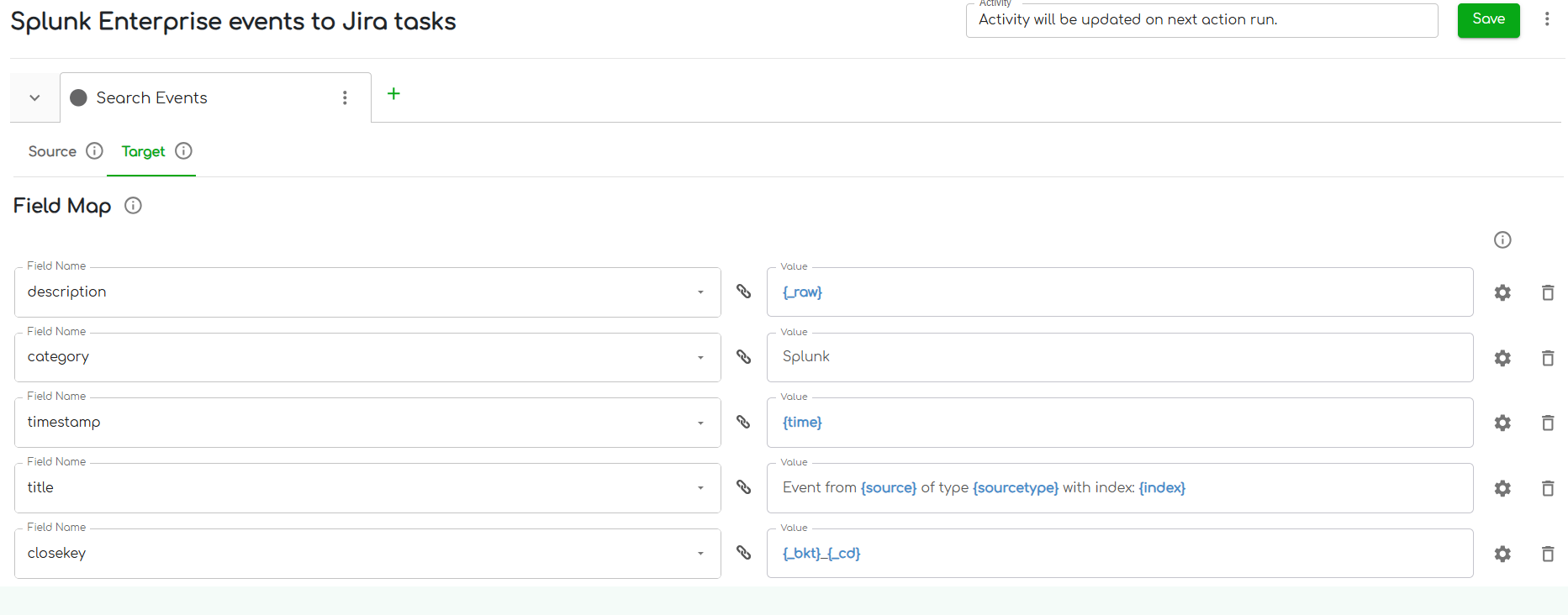 ZigiOps integration mapping showing Splunk Enterprise connected to Jira