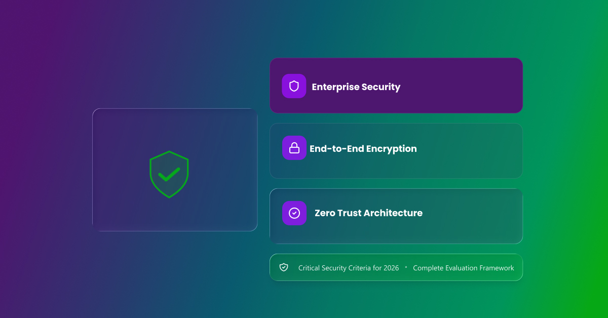Three enterprise security pillars: Enterprise Security, End-to-End Encryption, and Zero Trust Architecture — part of Critical Security Criteria for 2026 and a Complete Evaluation Framework