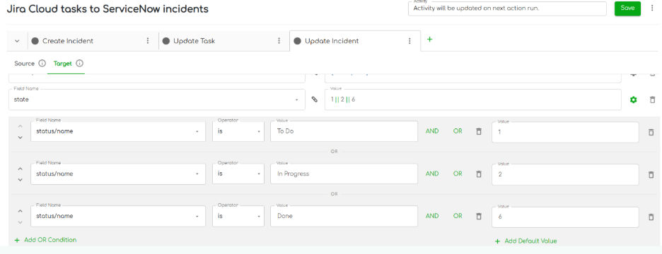 ZigiOps field mapping UI showing conditional status mapping between ServiceNow state codes and Jira status labels