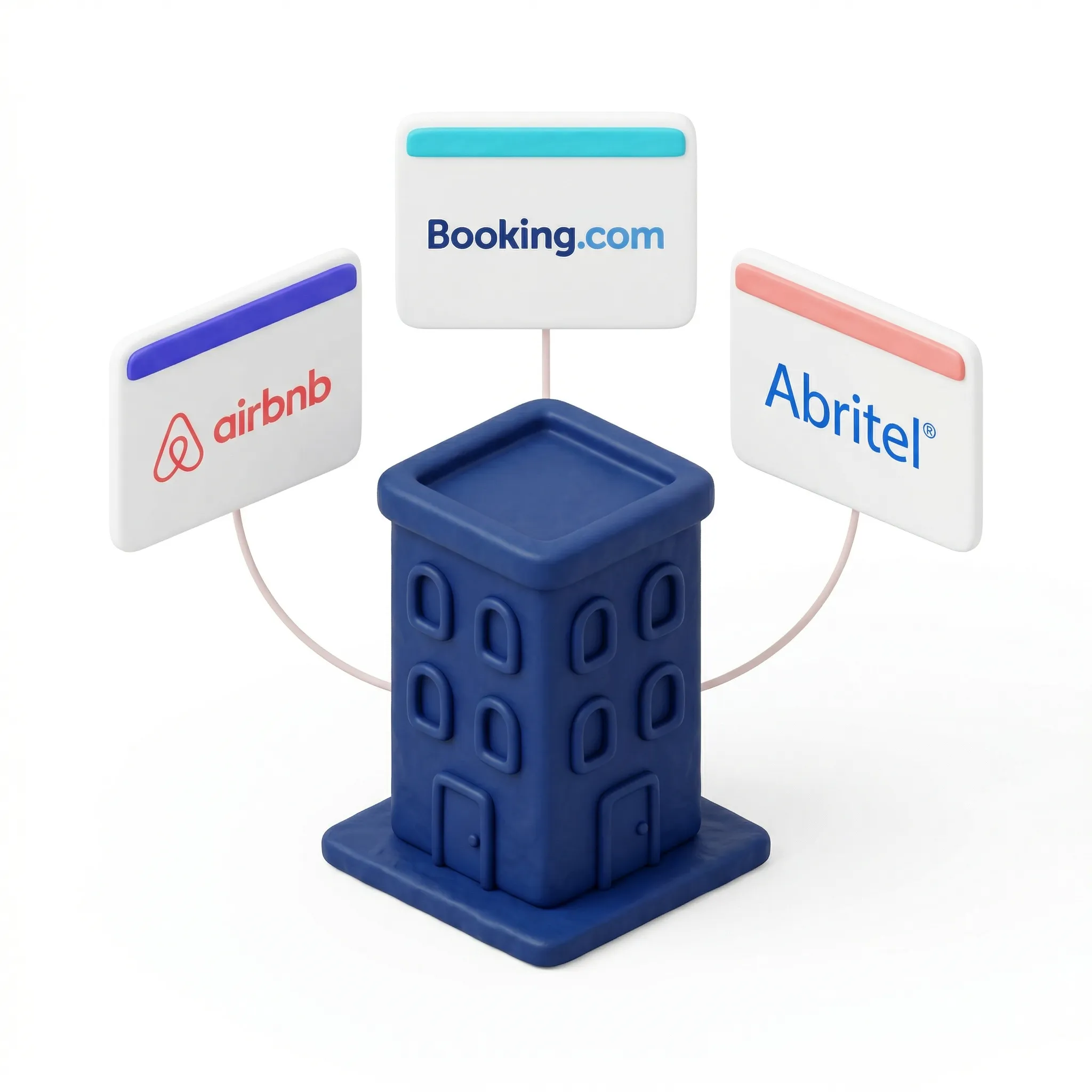 Blue stylized building with connected panels showing Airbnb, Booking.com, and Abritel logos.
