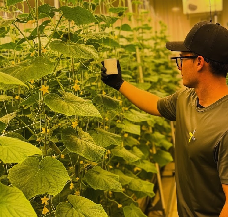A grower holding the grow sensor in a garden