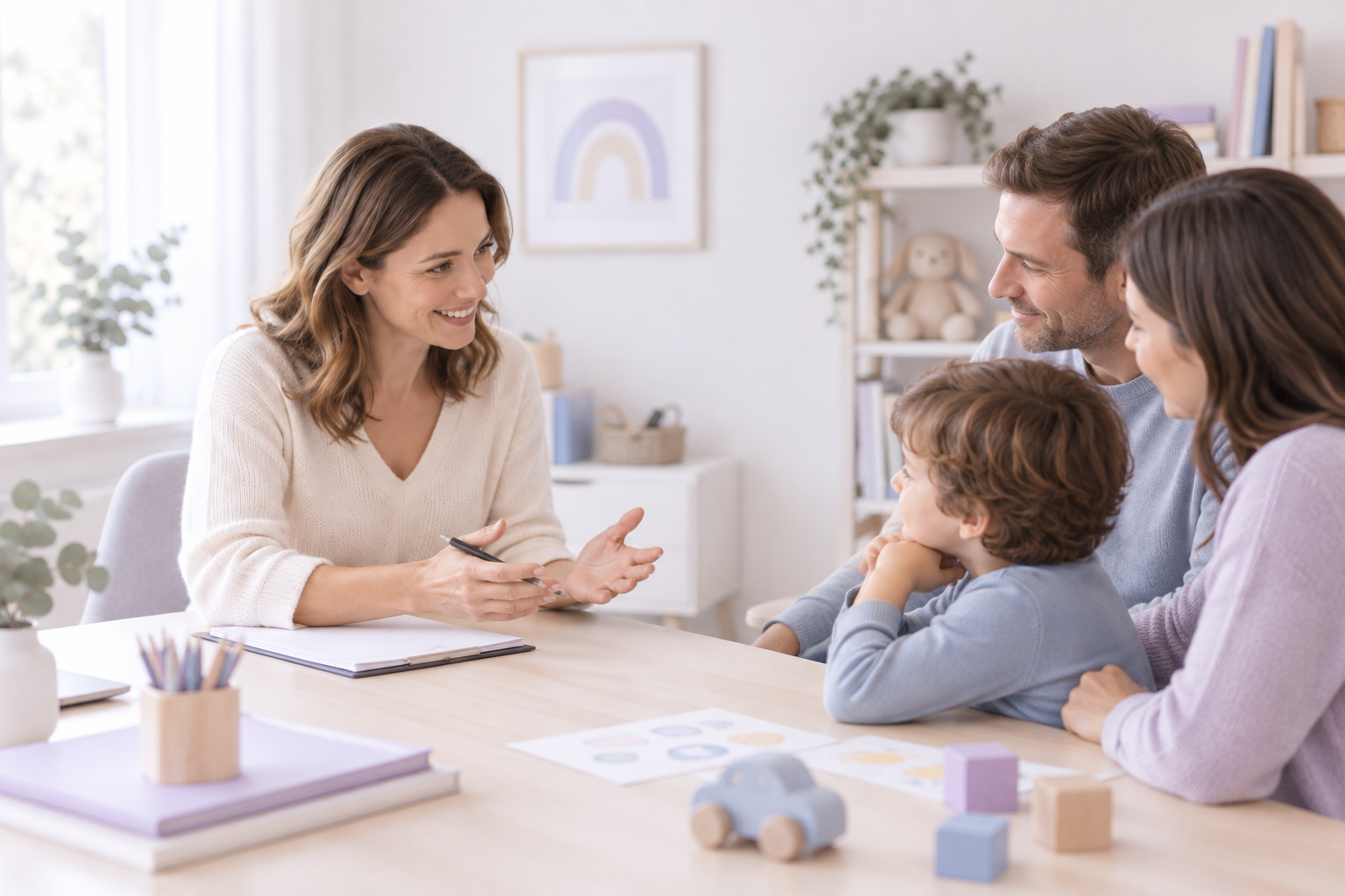 Illustration d'un échange entre une psychologue, un enfant et ses parents
