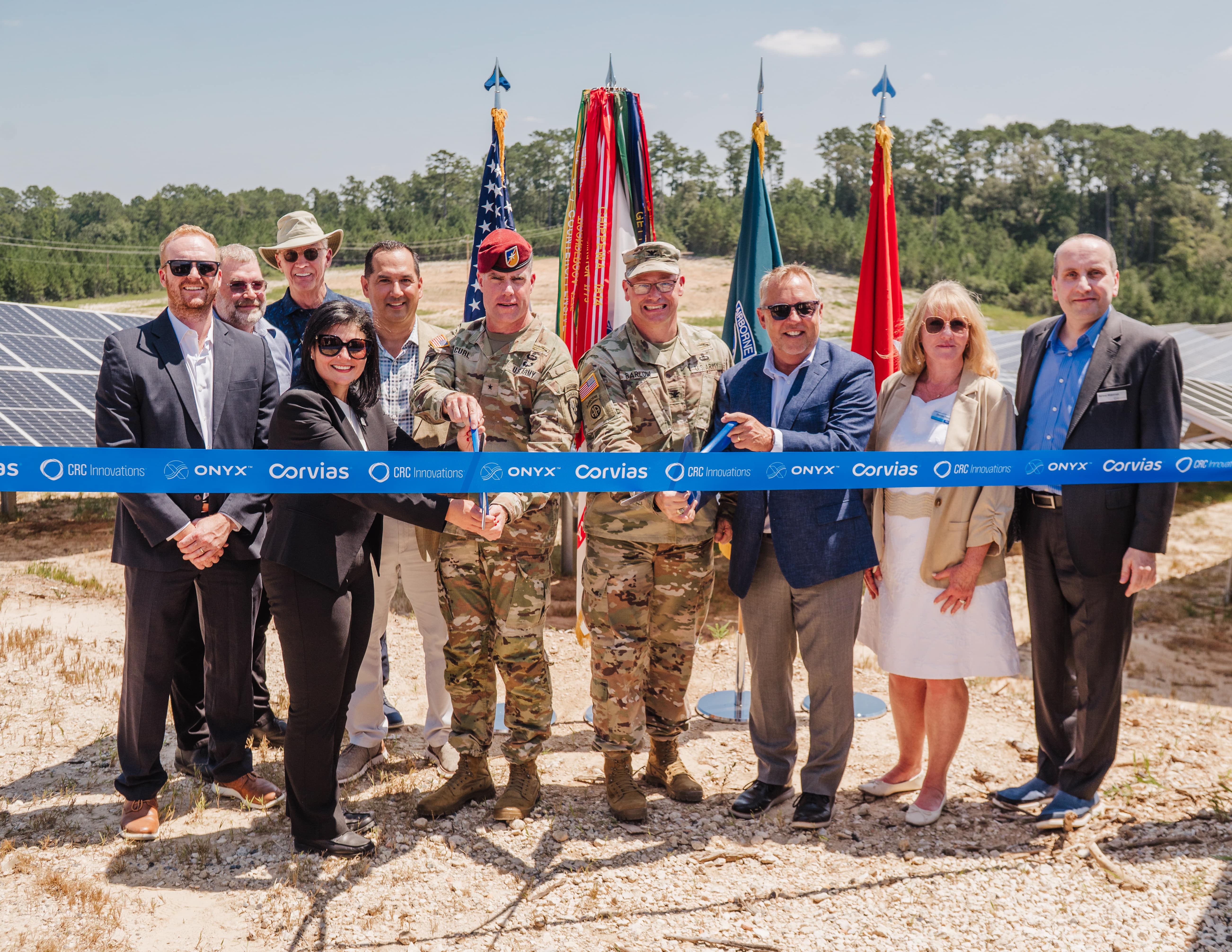 Representatives of the U.S. Army, Onyx Renewables, Corvias, CRC Innovations, and the Department of Defense celebrate the completion of the Fort Polk solar project in Leesville, LA.