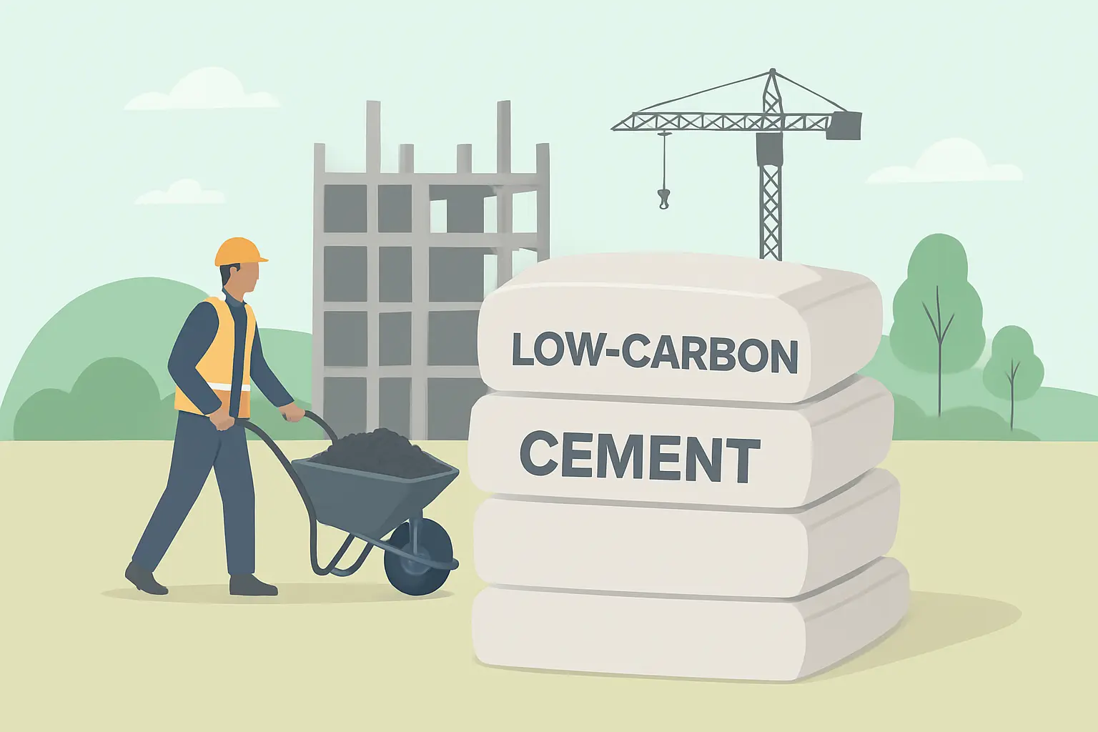 Illustration of low-carbon cement production with sustainable factories, renewable energy, and green construction elements.