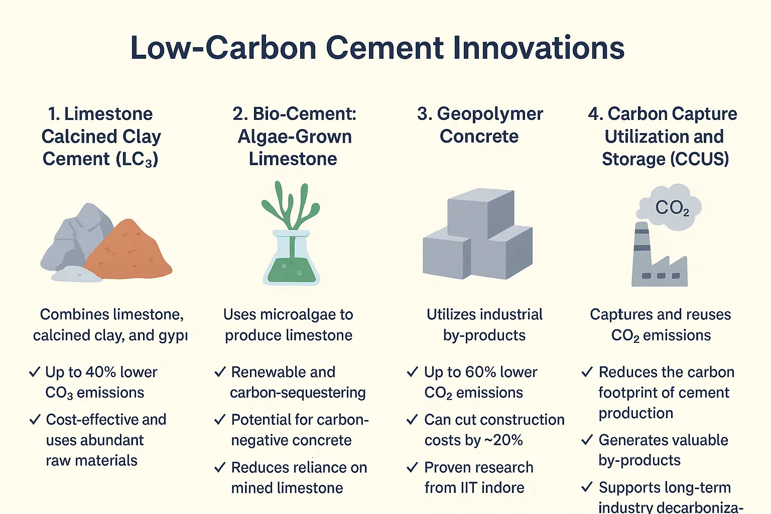 Illustration of various low-carbon cement innovations including LC₃, bio-cement, geopolymer concrete, and carbon capture utilization technologies.