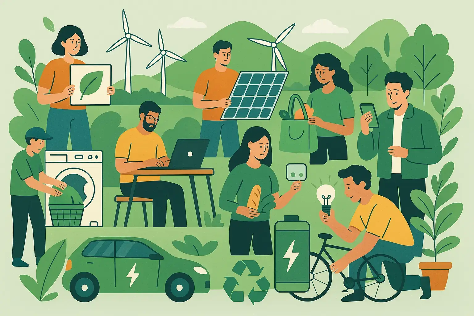 lustration showing people, products, and activities contributing to the energy transition, highlighting sustainable practices and greener solutions.