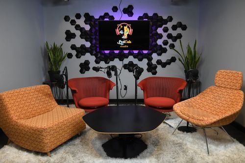 Two men recording a podcast