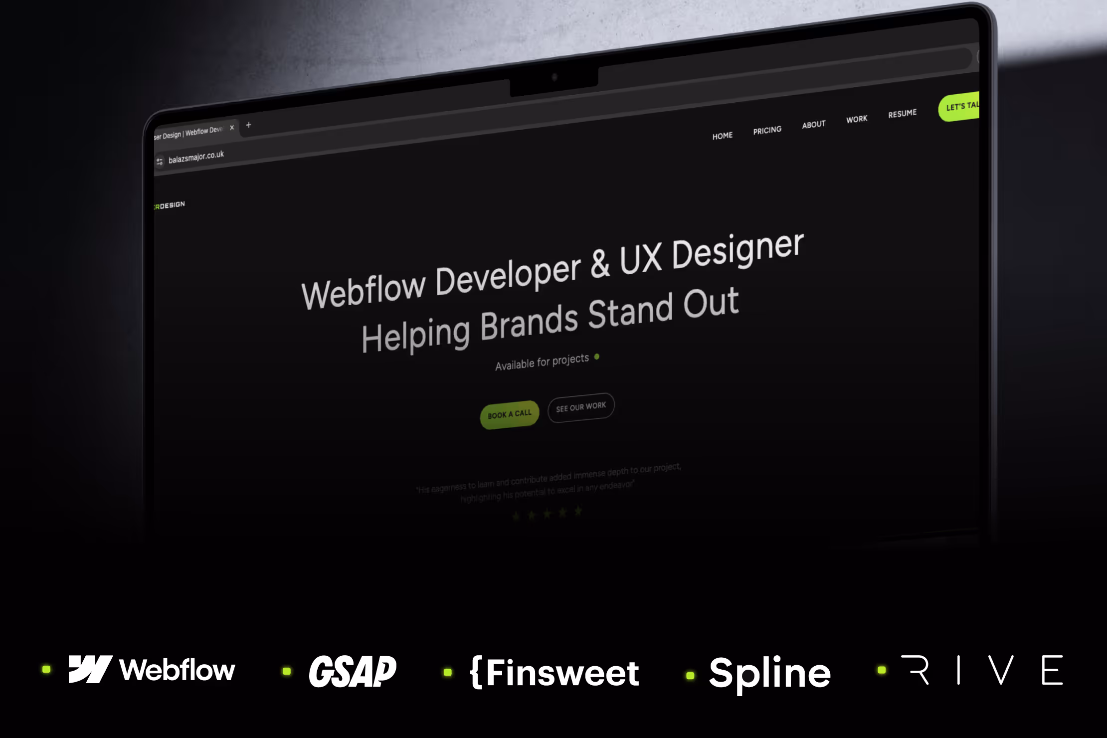 Close-up of a laptop screen showing a website homepage for a Webflow Developer & UX Designer, with partner logos Webflow, GSAP, Finsweet, Spline, and Rive below.