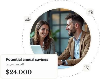 Two professionals discussing a tax return showing potential annual savings of $24,000 with icons for deductions
