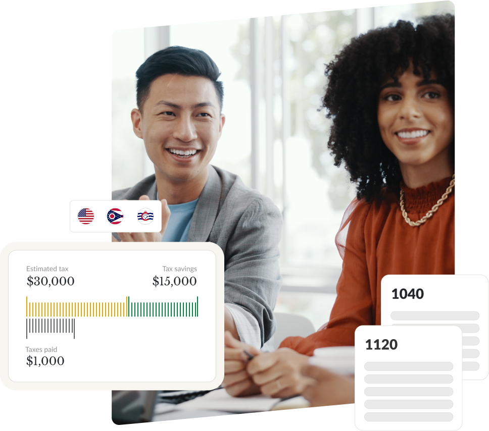 Business meeting with tax estimate dashboard and forms