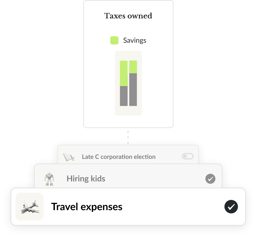 Taxes owed dashboard with savings bar chart and tax deduction strategy cards