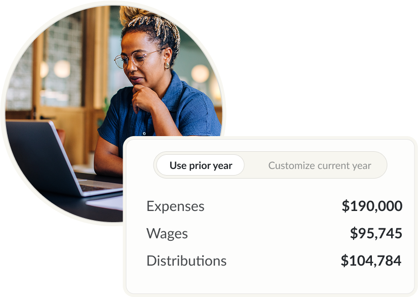 Woman using laptop with financial dashboard showing expenses, wages, and distributions