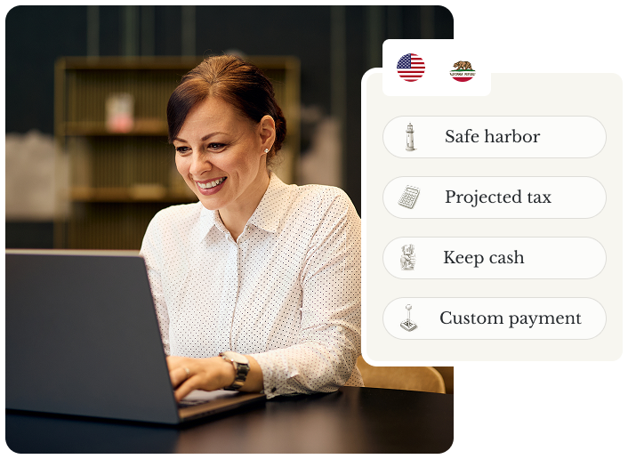 Woman working on laptop reviewing estimated tax payment options online