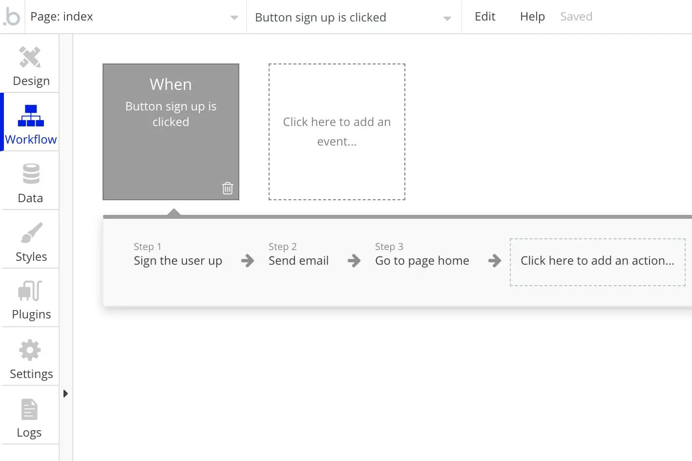 Workflow editor with logic to sign users up, send emails, and navigate to different pages.
