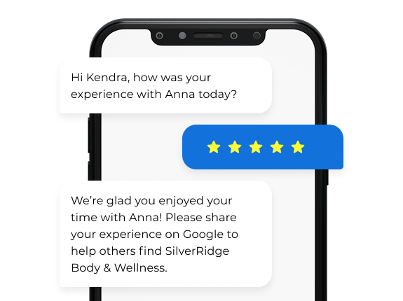 Smartphone screen showing a conversation asking about Kendra's experience with Anna, a five-star rating given, and a request to share the experience on Google