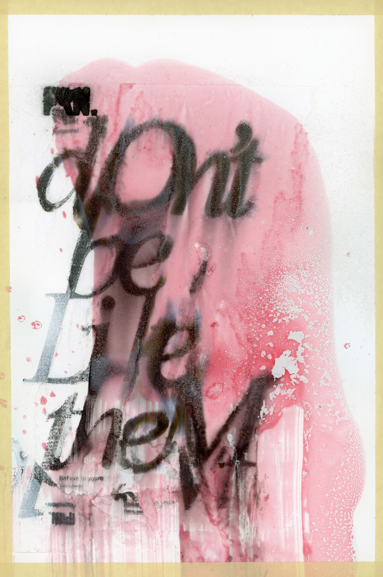 Abstract artwork with layered black handwritten text partially obscured by pink paint splashes on white paper with beige border.