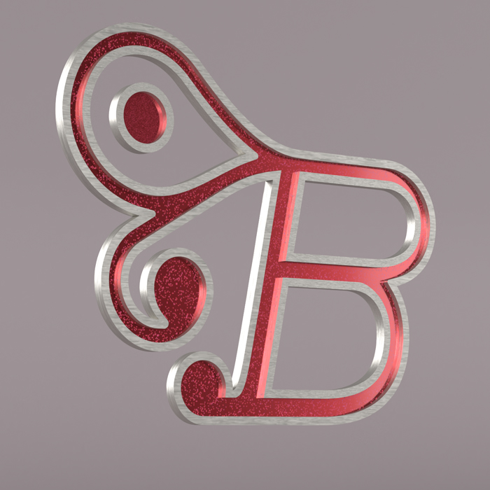 3D stylized letter B with decorative red textured filling and silver metallic edges on a gray background. Abstract Butterfly logo design.