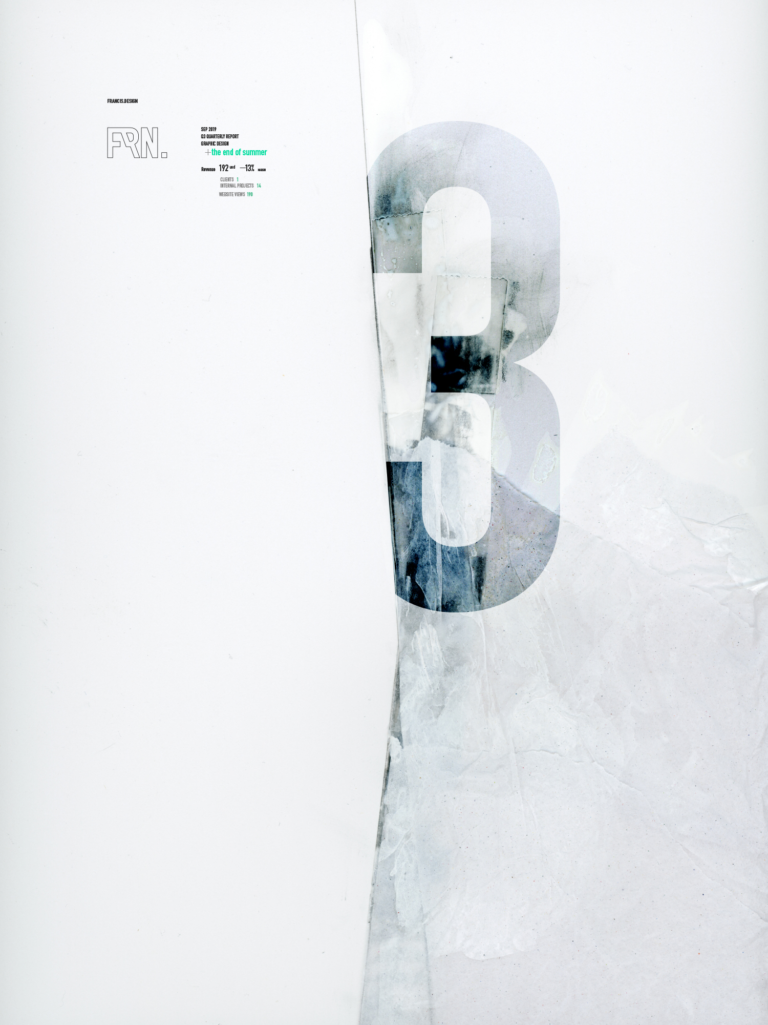 Minimalist quarterly report poster with a large translucent number 3 and small text details on white textured background.