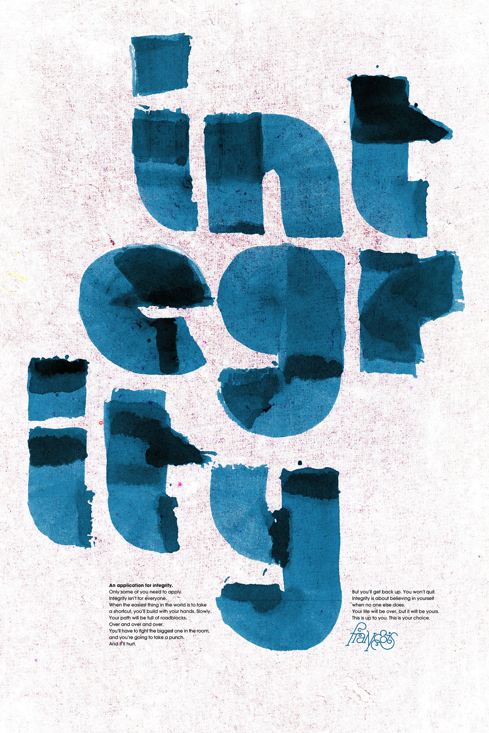 Abstract blue block letters spelling 'integrity' on a white textured background with a motivational poem about integrity below, for the AHA competition.