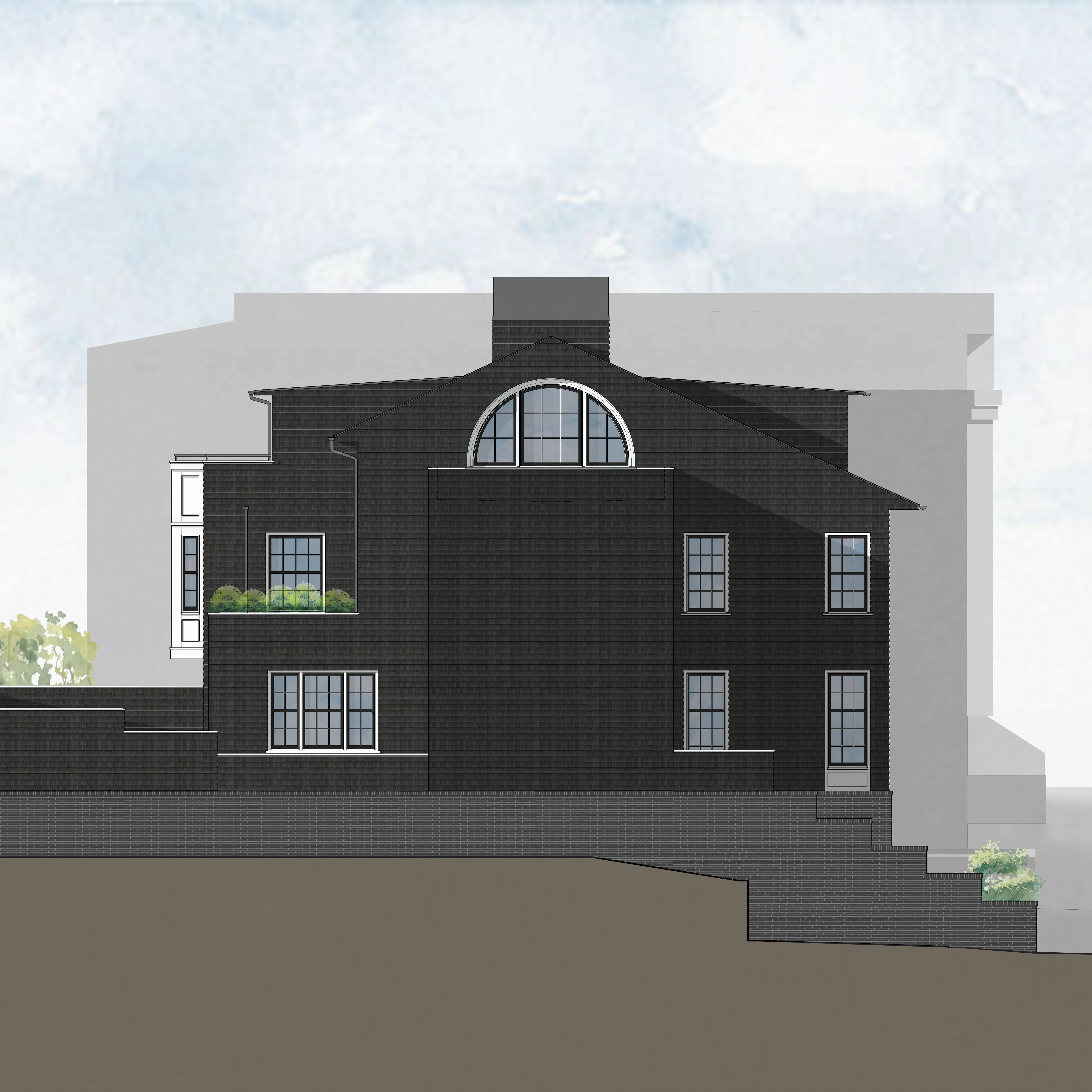 Side view rendering of a black modern house with multiple windows and a large arched window on top.