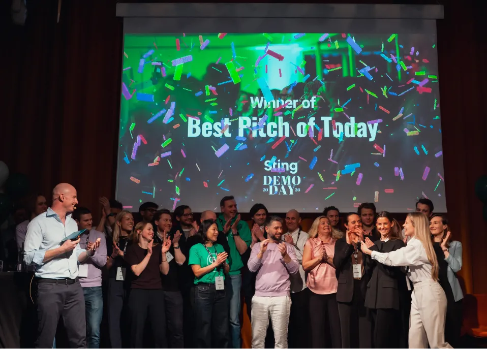 Sting Day alumni on stage, celebrating the "Best Pitch of Today".