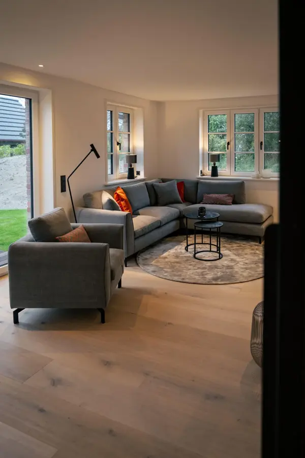 Wohnzimmer mit L-förmigem Sofa und rundem Teppich vor großen Fenstern