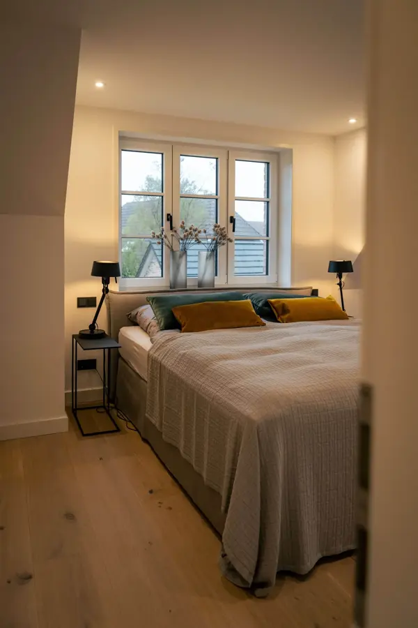 Schlafzimmer mit Doppelbett und Nachttischleuchten am Fenster