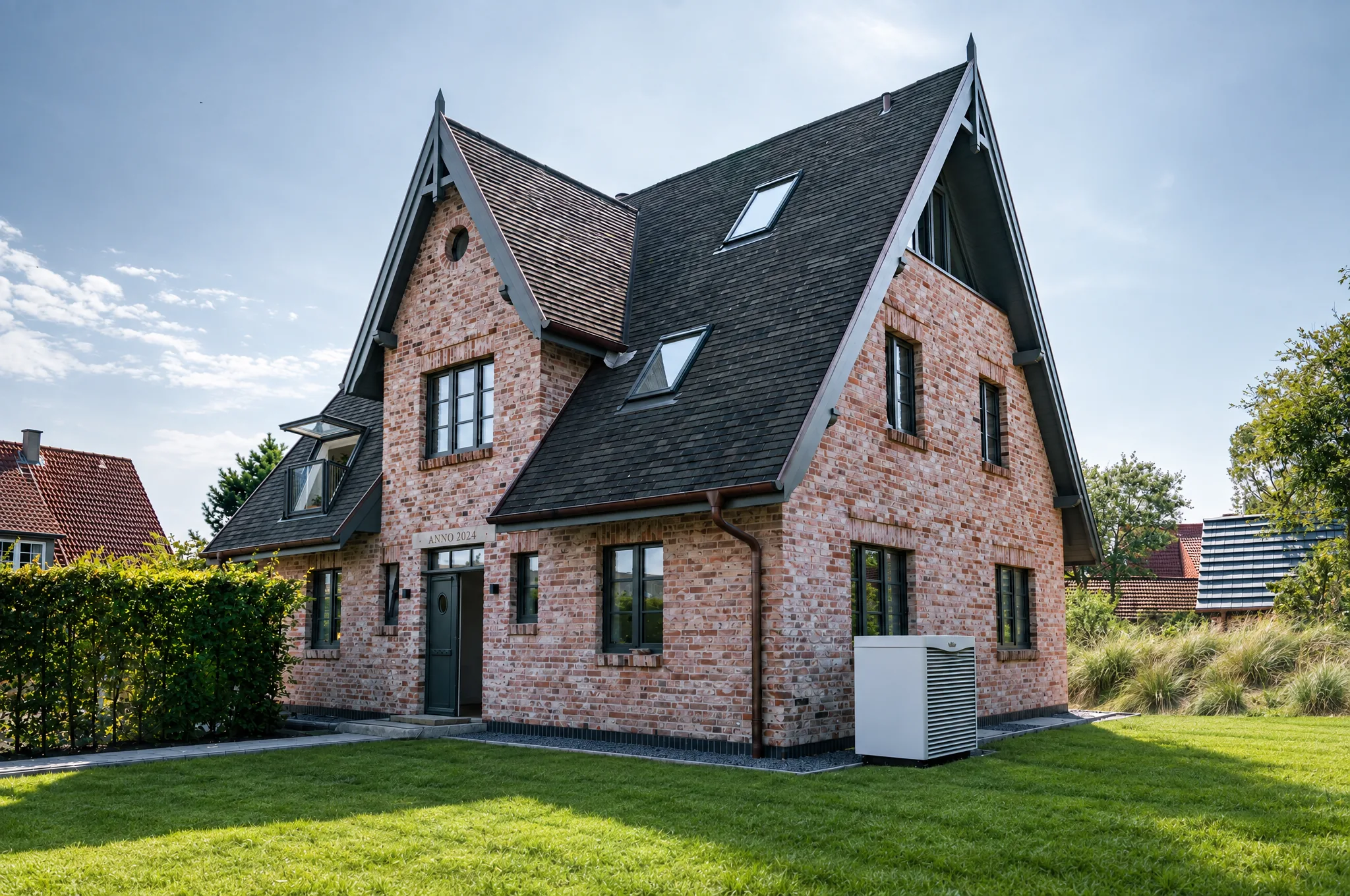 Friesenhaus aus Backstein mit dunklem Satteldach, davor Rasen und Gräser