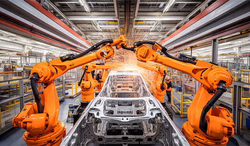 Automated car manufacturing assembly line with robotic systems requiring precision torque control