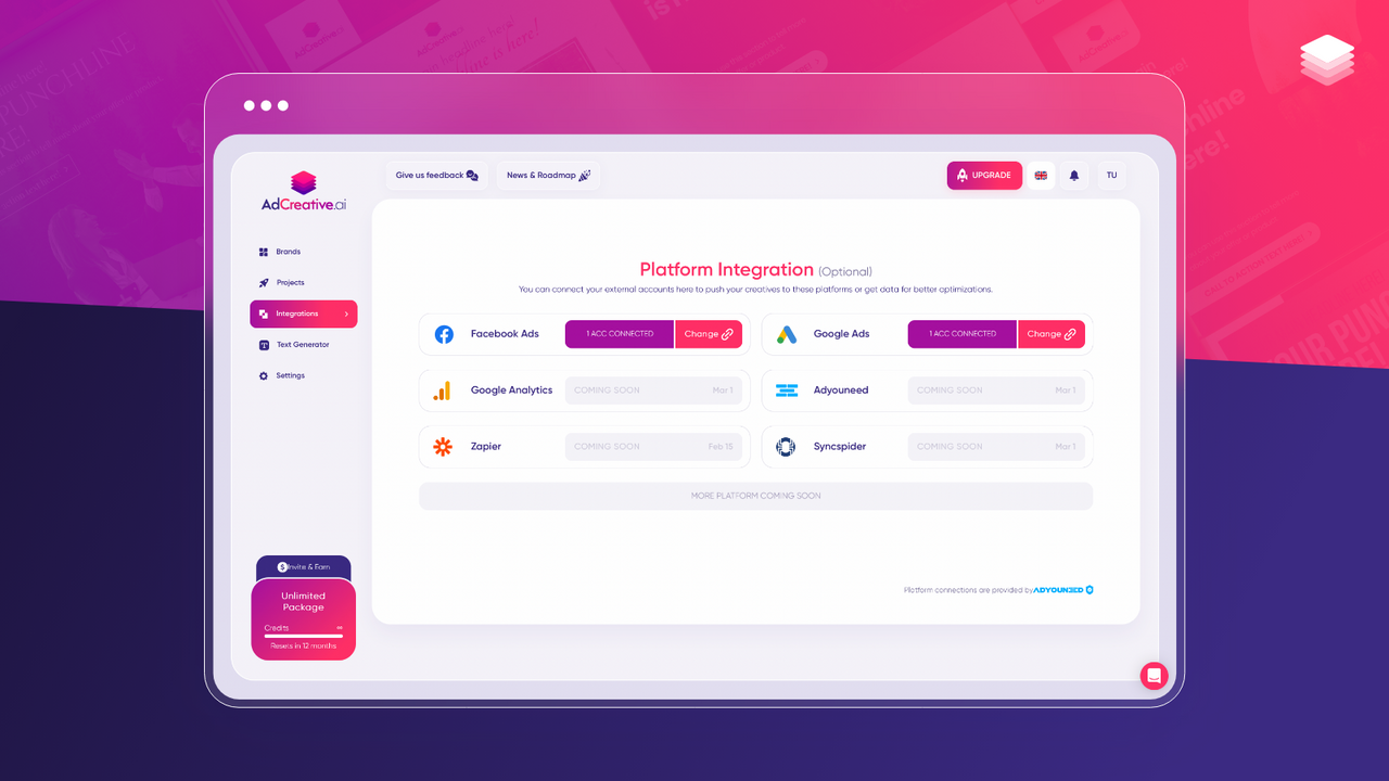 Connect your account to Facebook, Google, Analytics...