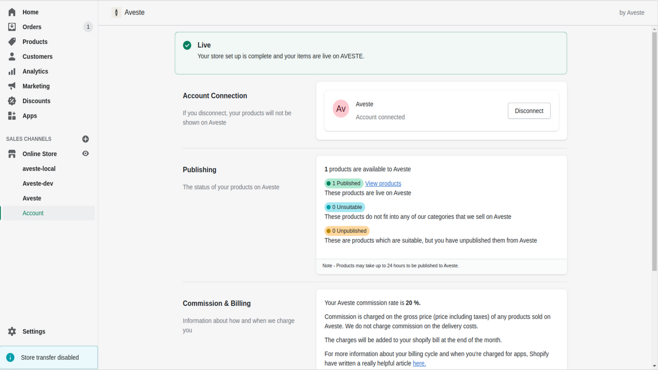Aveste App in Shopify Screenshot