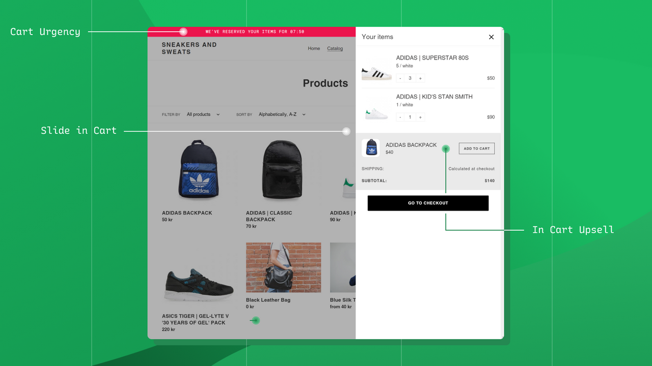 Cart Urgency, Slide in Cart, In Cart Upsell