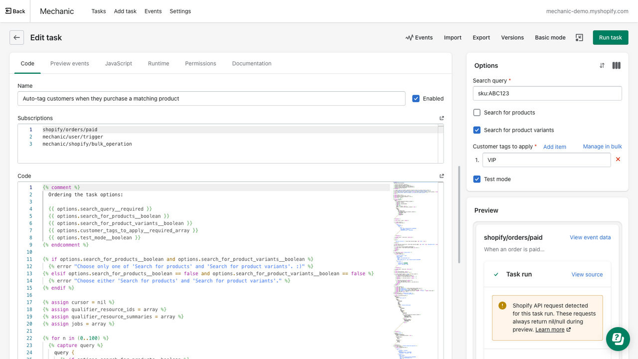 Fullscreen and task's advanced settings, to edit its code