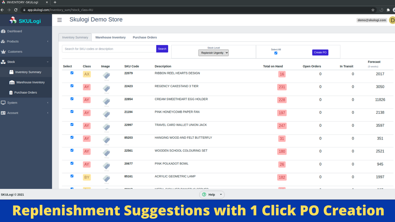 Replenishment suggestions for soon to be out of stock inventory
