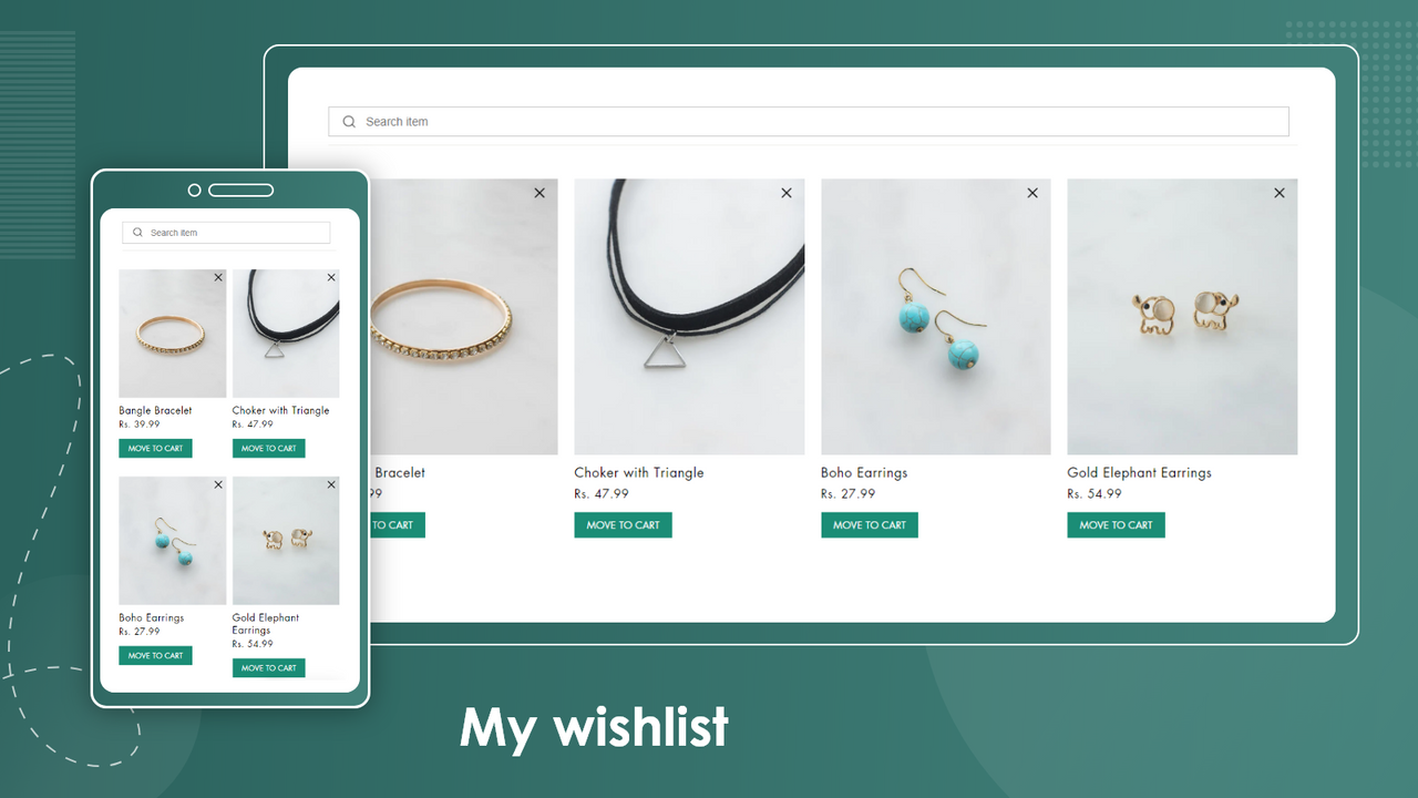 The Wishlist Page. Add to Cart, remove & share via social media.