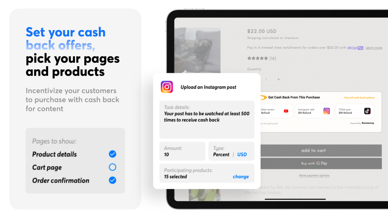 Set your cash back offers, pick your pages and products.