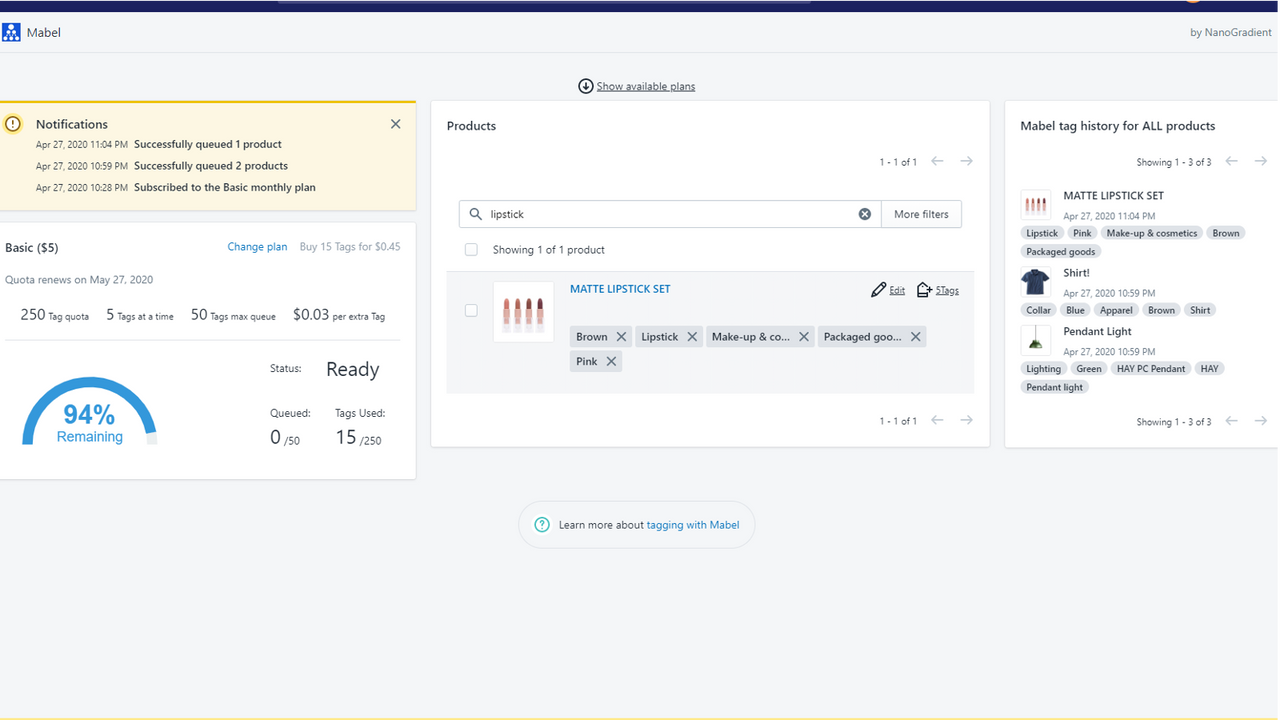 tag filtered product results