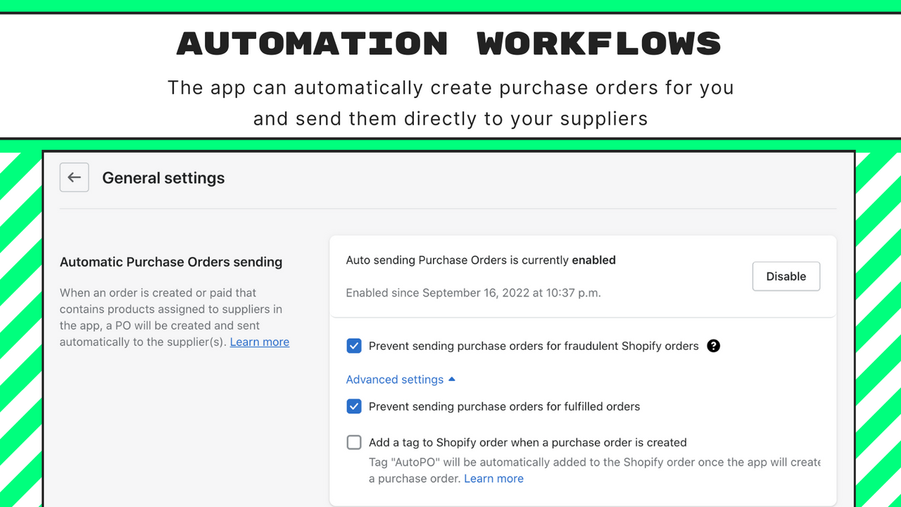 Enable auto sending purchase orders from shopify orders
