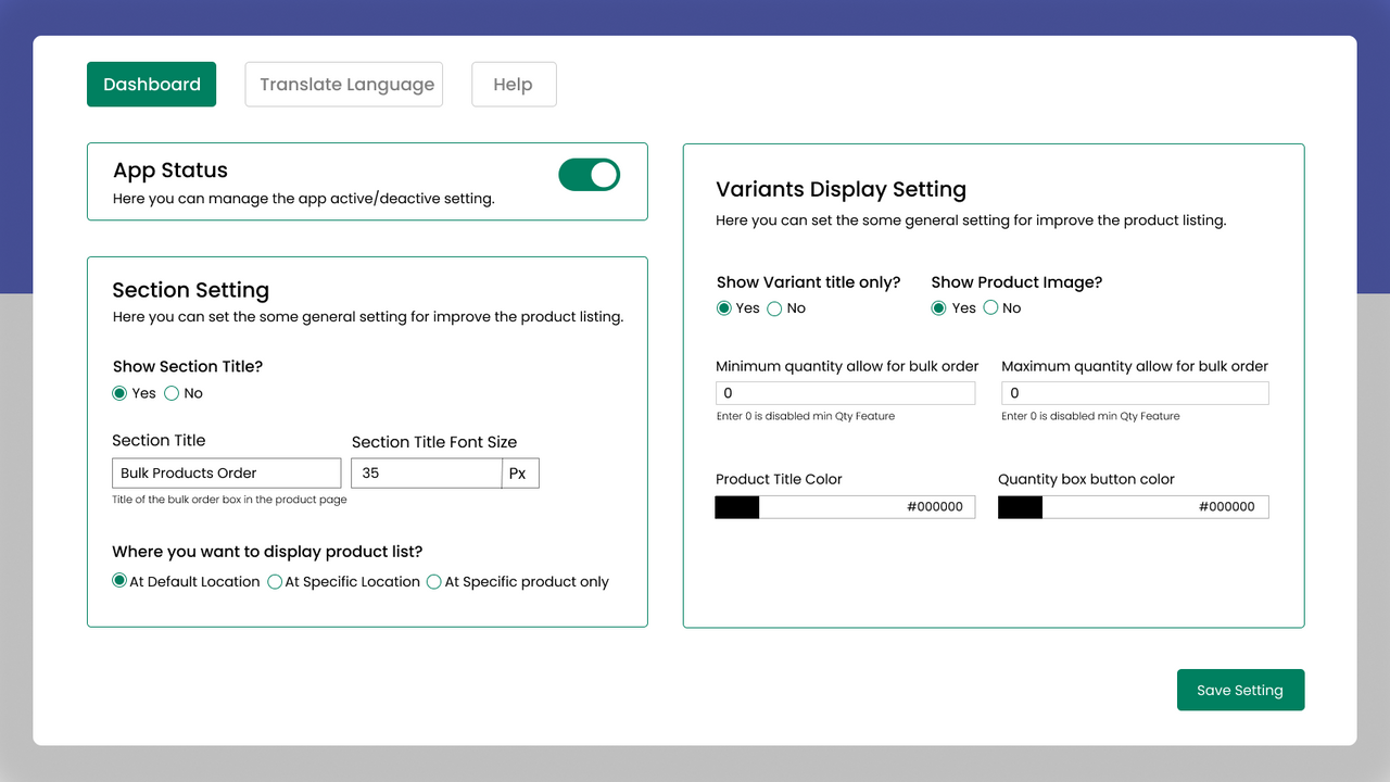 App settings dashboard