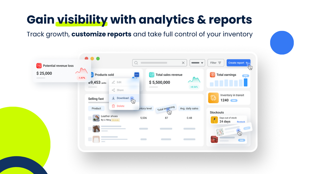 Inventory reports, track inventory visibility with dashboards