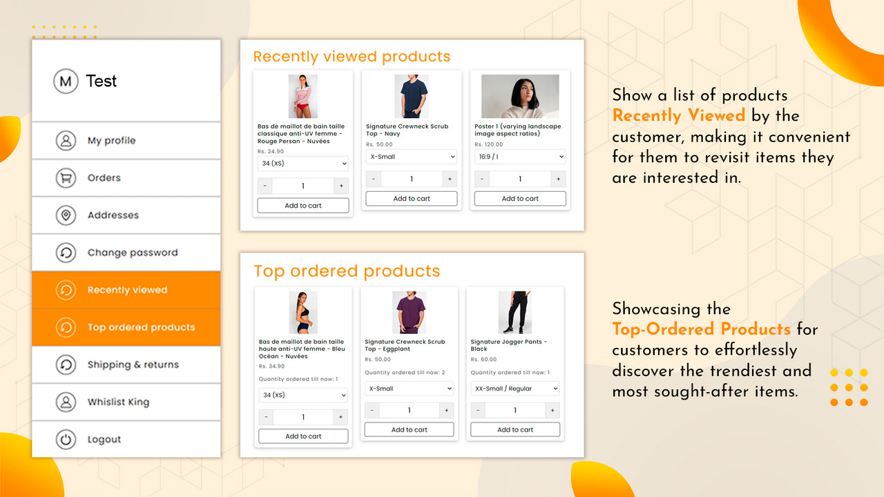 Customer Accounts Top order and recently viewed widgets