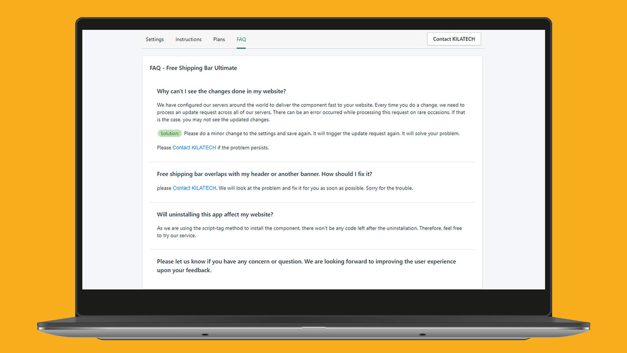 faq section of free shipping bar app