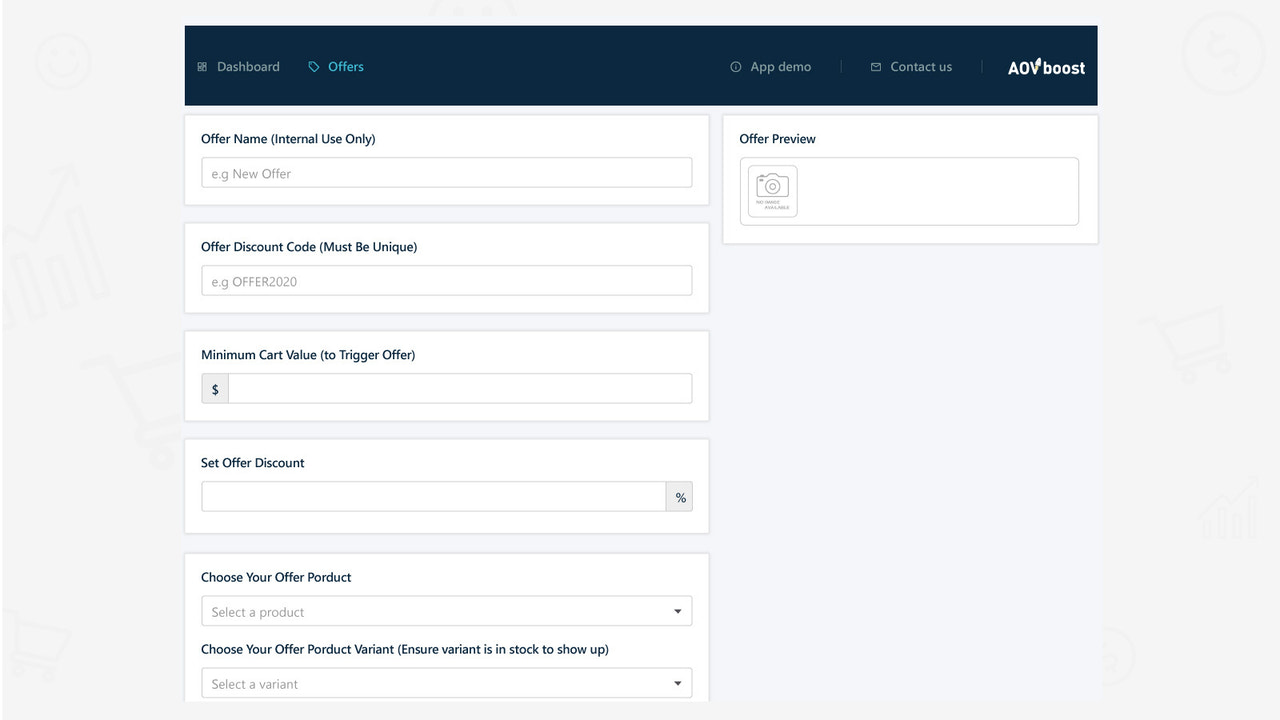 AOVboost offer creation page