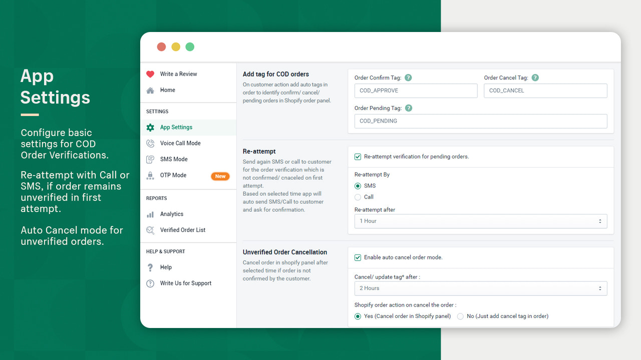 cod app settings to start calling and sending sms