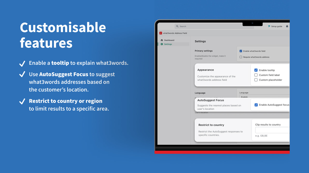 what3words app settings page on Shopify with tools and features