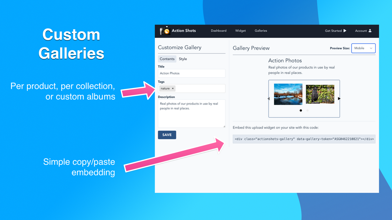 Action Shots easily customize upload and album display