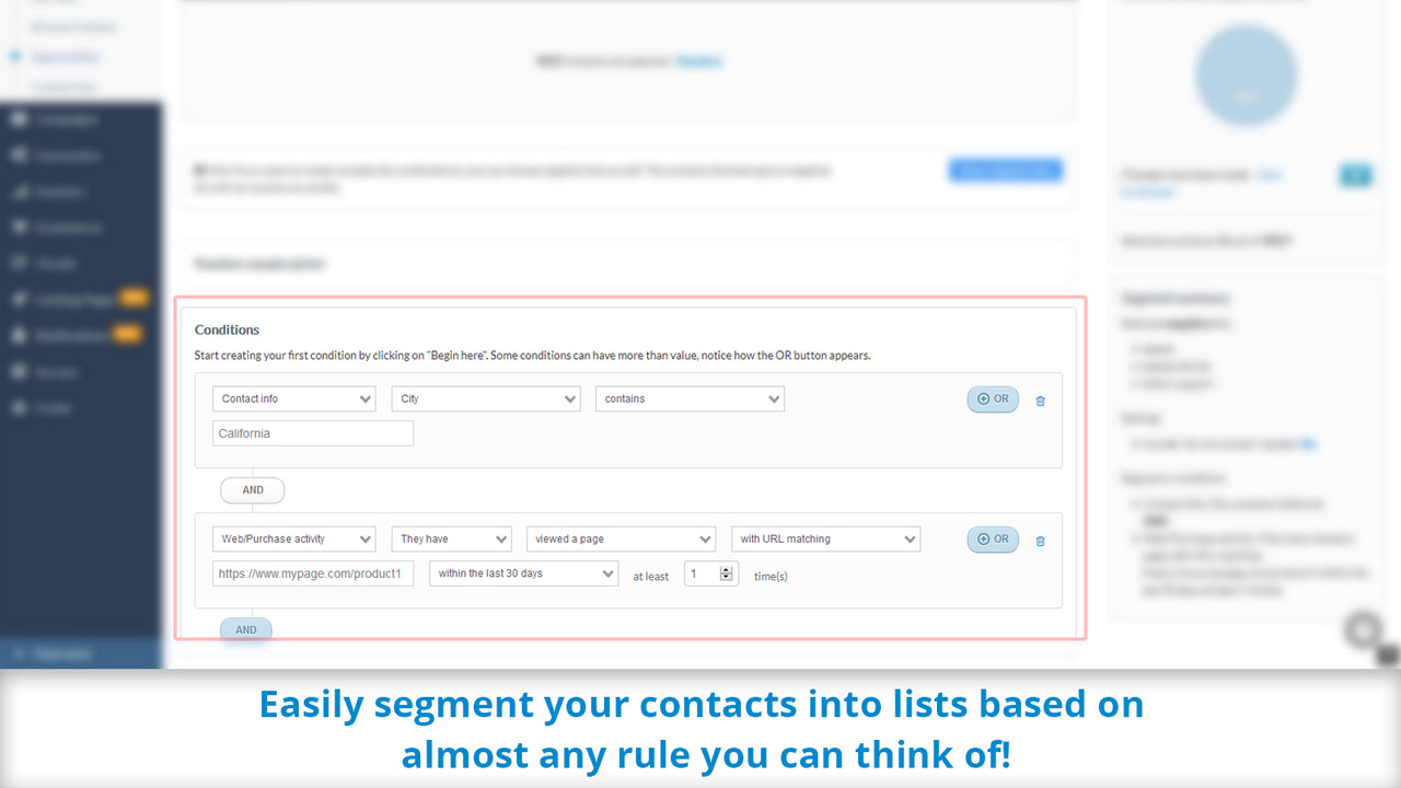Easily segment contacts by web, ecommerce & campaign data